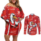 Sydney Swans Couples Matching Off Shoulder Short Dress and Long Sleeve Button Shirt Mascot Cartoon Football Illustration Style