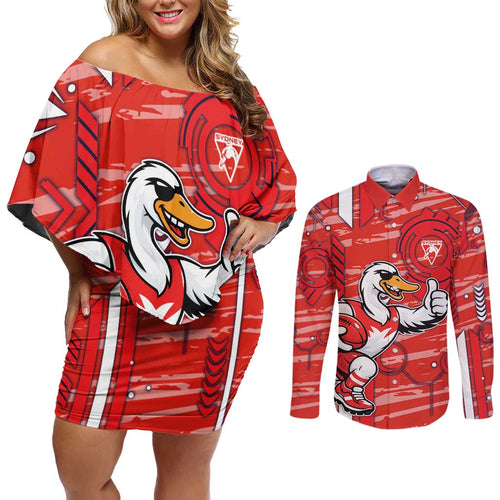 Sydney Swans Couples Matching Off Shoulder Short Dress and Long Sleeve Button Shirt Mascot Cartoon Football Illustration Style