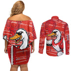 Sydney Swans Couples Matching Off Shoulder Short Dress and Long Sleeve Button Shirt Mascot Cartoon Football Illustration Style