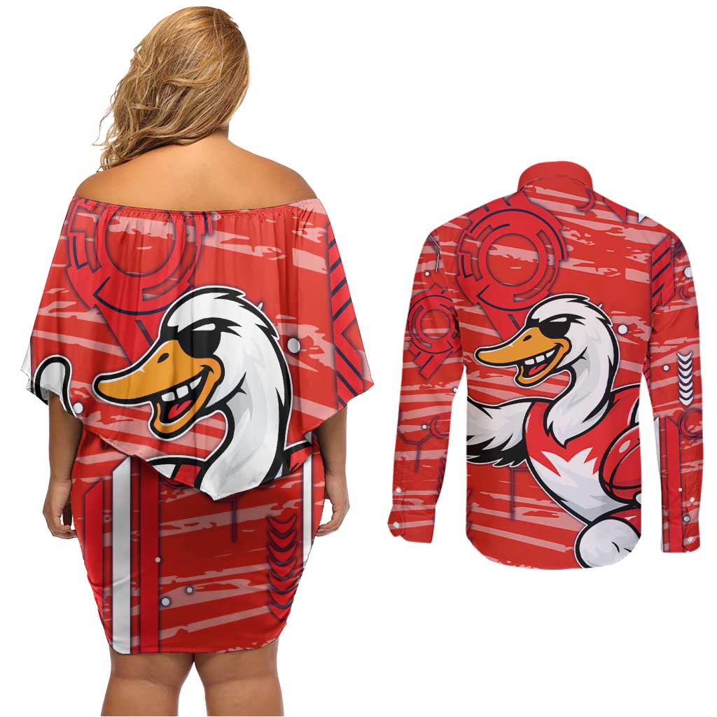 Sydney Swans Couples Matching Off Shoulder Short Dress and Long Sleeve Button Shirt Mascot Cartoon Football Illustration Style