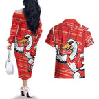 Sydney Swans Couples Matching Off The Shoulder Long Sleeve Dress and Hawaiian Shirt Mascot Cartoon Football Illustration Style