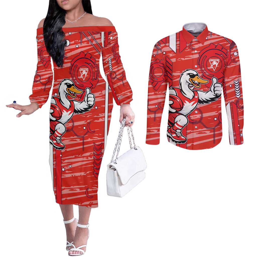 Sydney Swans Couples Matching Off The Shoulder Long Sleeve Dress and Long Sleeve Button Shirt Mascot Cartoon Football Illustration Style