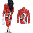 Sydney Swans Couples Matching Off The Shoulder Long Sleeve Dress and Long Sleeve Button Shirt Mascot Cartoon Football Illustration Style