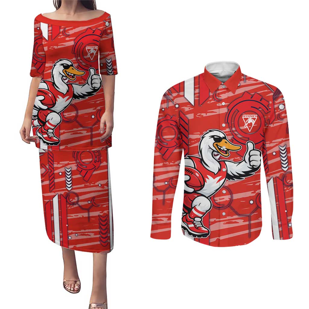 Sydney Swans Couples Matching Puletasi and Long Sleeve Button Shirt Mascot Cartoon Football Illustration Style