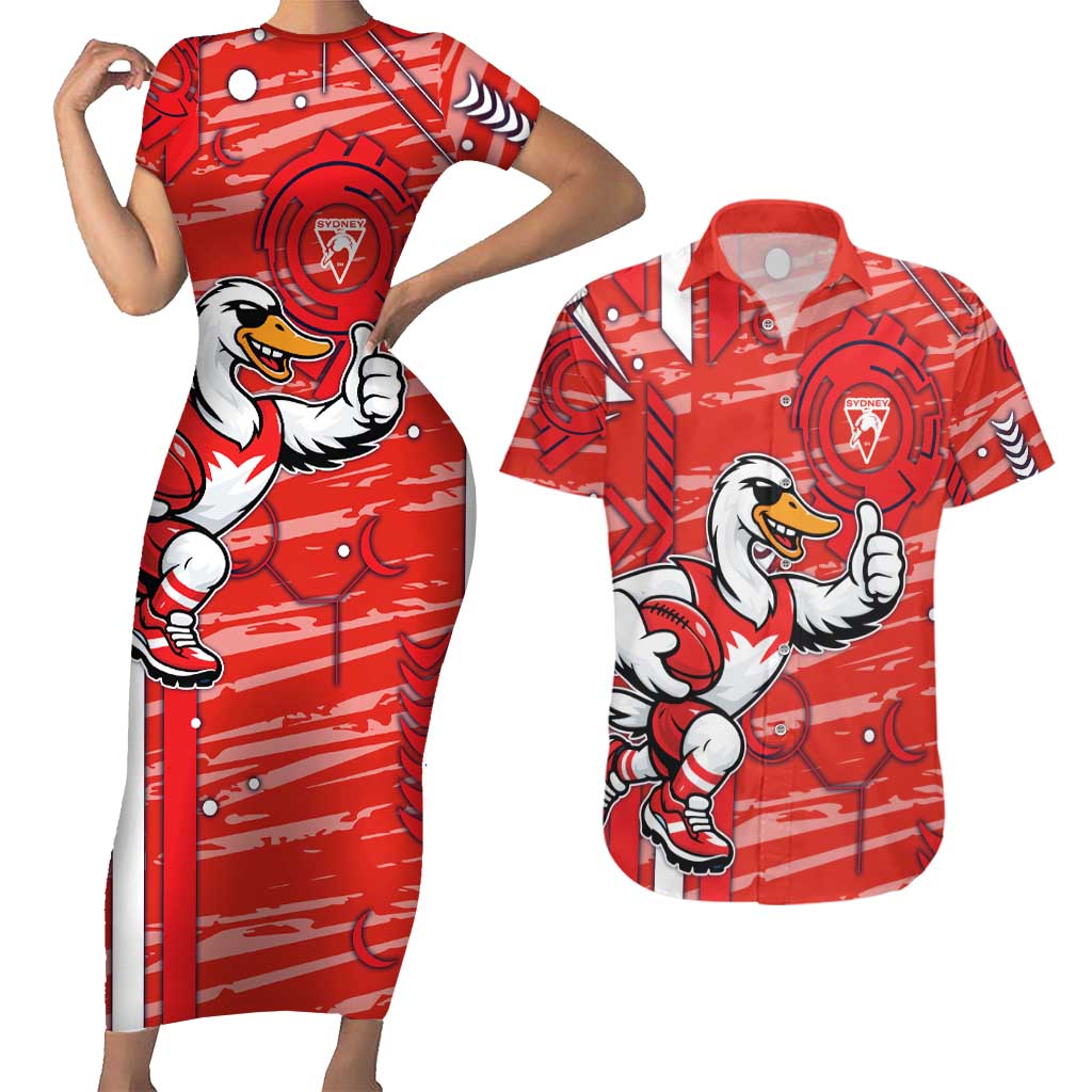 Sydney Swans Couples Matching Short Sleeve Bodycon Dress and Hawaiian Shirt Mascot Cartoon Football Illustration Style