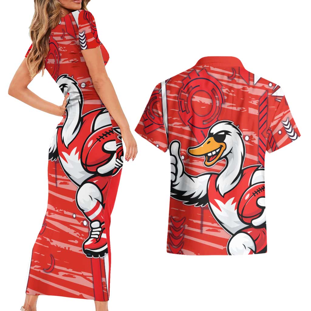 Sydney Swans Couples Matching Short Sleeve Bodycon Dress and Hawaiian Shirt Mascot Cartoon Football Illustration Style