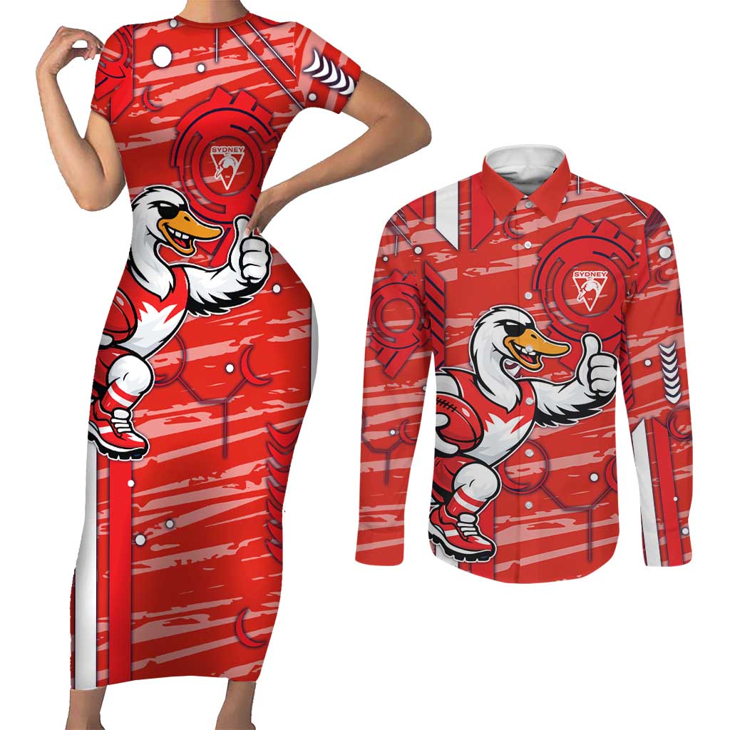 Sydney Swans Couples Matching Short Sleeve Bodycon Dress and Long Sleeve Button Shirt Mascot Cartoon Football Illustration Style