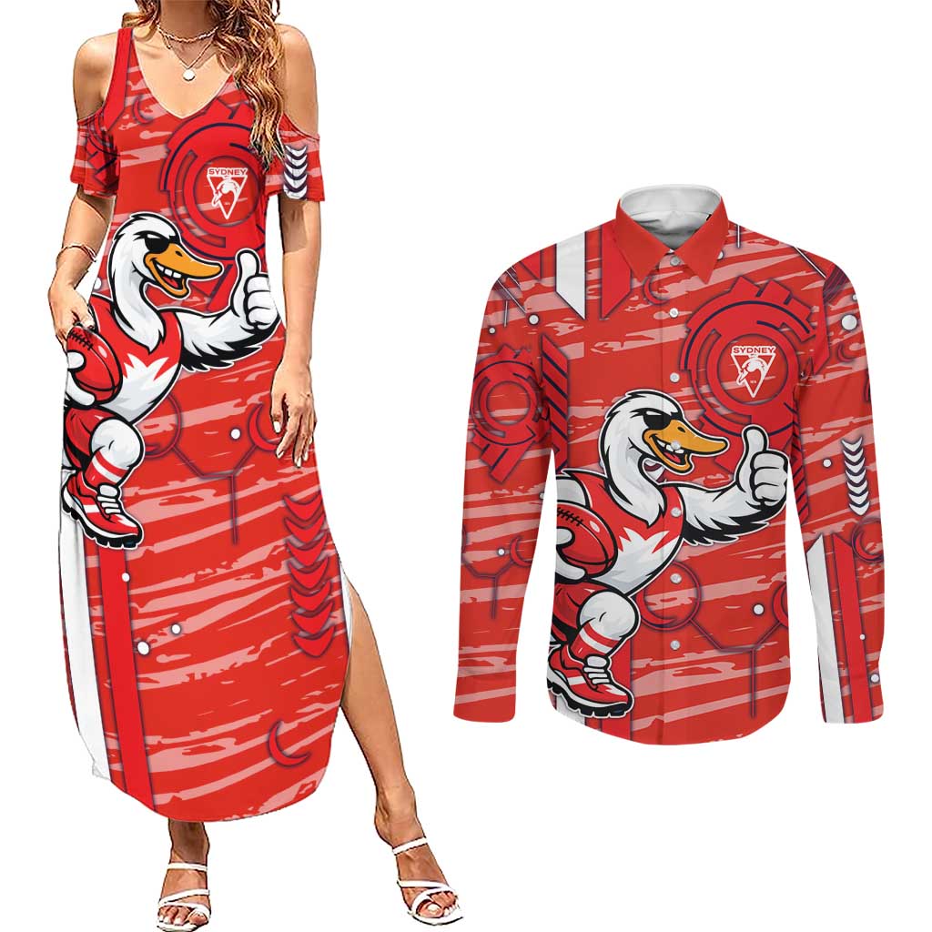 Sydney Swans Couples Matching Summer Maxi Dress and Long Sleeve Button Shirt Mascot Cartoon Football Illustration Style