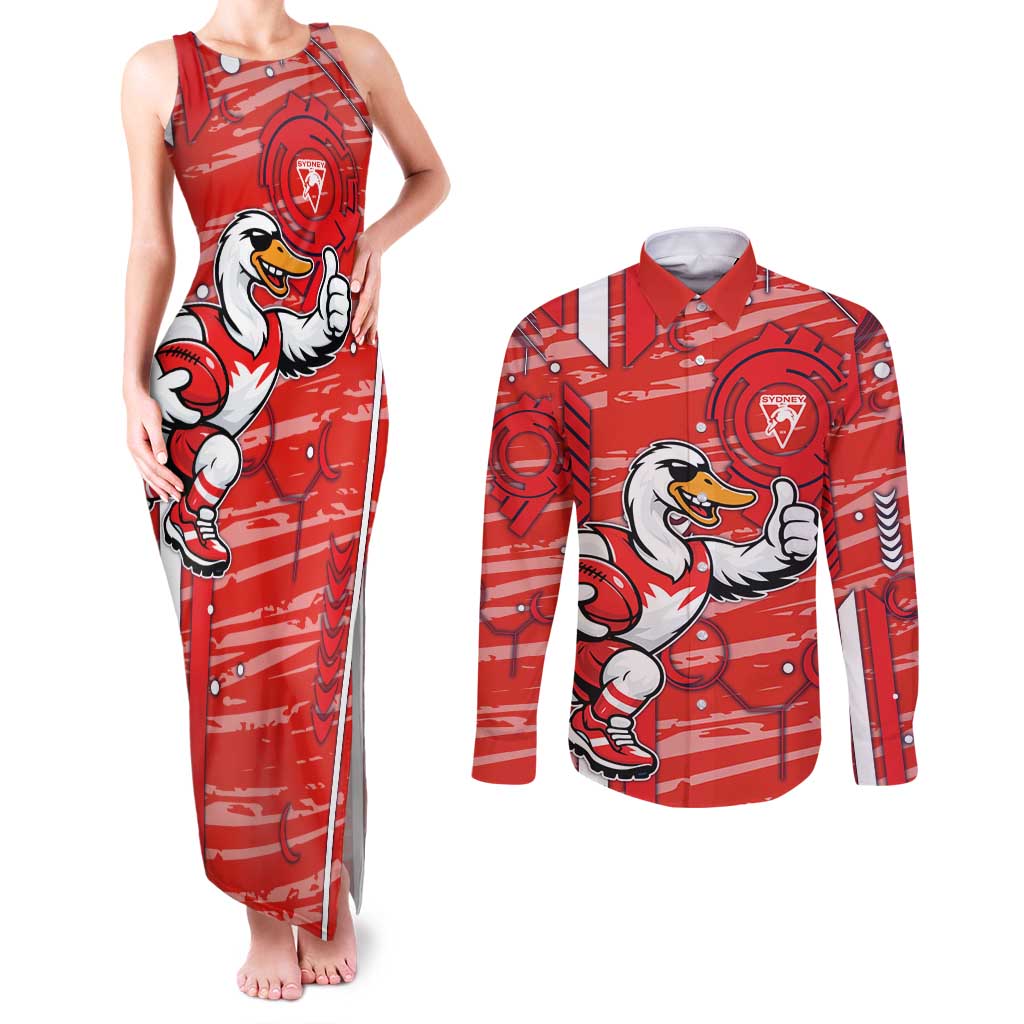Sydney Swans Couples Matching Tank Maxi Dress and Long Sleeve Button Shirt Mascot Cartoon Football Illustration Style