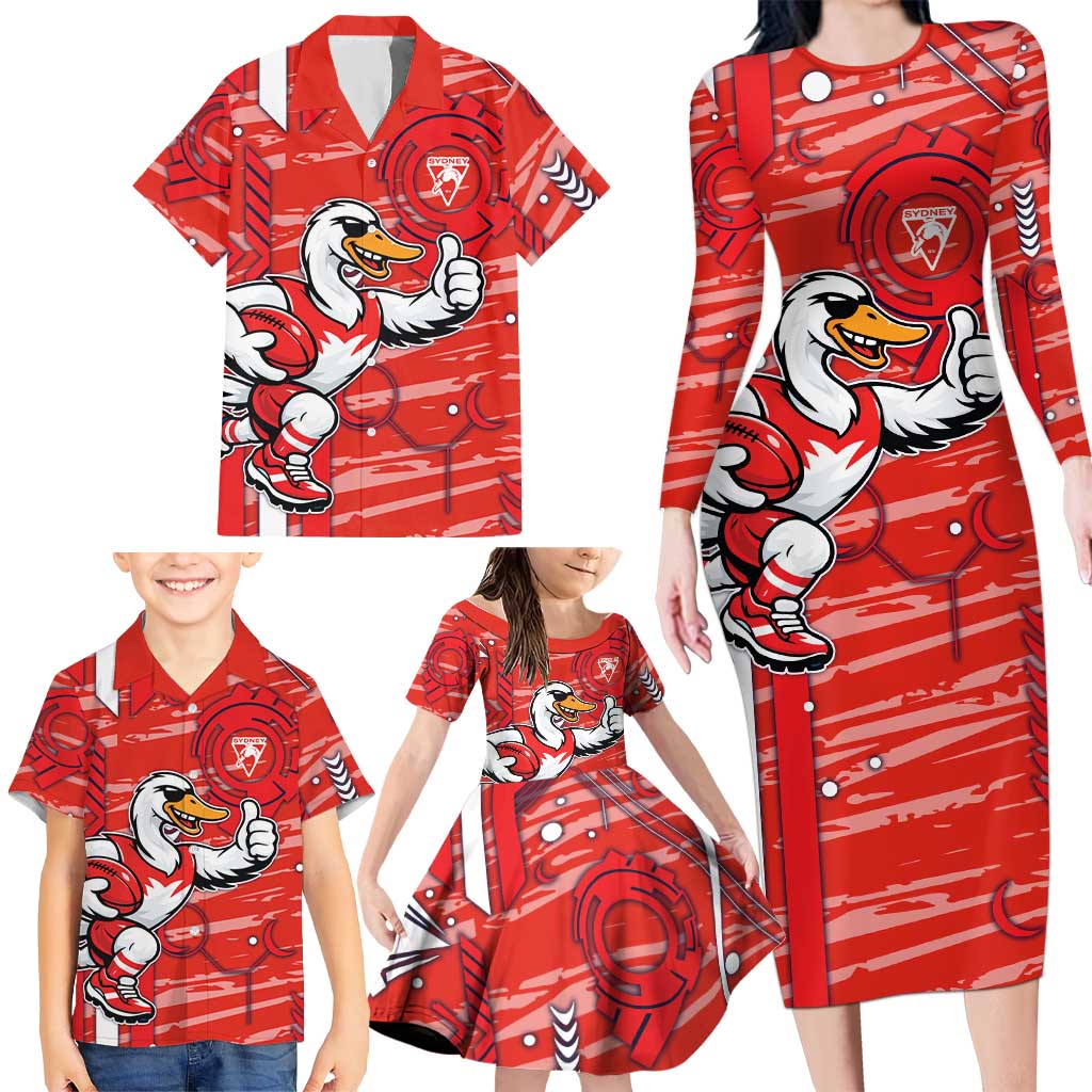 Sydney Swans Family Matching Long Sleeve Bodycon Dress and Hawaiian Shirt Mascot Cartoon Football Illustration Style