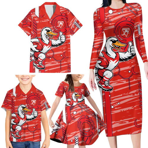 Sydney Swans Family Matching Long Sleeve Bodycon Dress and Hawaiian Shirt Mascot Cartoon Football Illustration Style