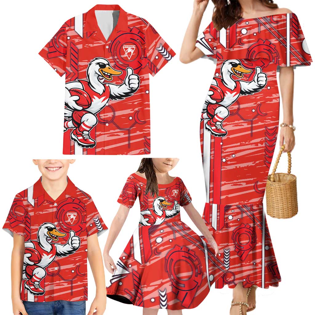 Sydney Swans Family Matching Mermaid Dress and Hawaiian Shirt Mascot Cartoon Football Illustration Style