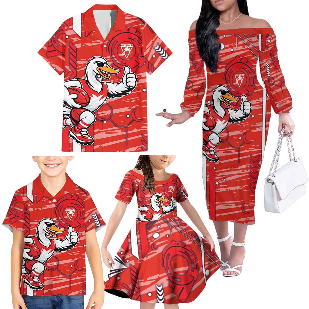 Sydney Swans Family Matching Off The Shoulder Long Sleeve Dress and Hawaiian Shirt Mascot Cartoon Football Illustration Style