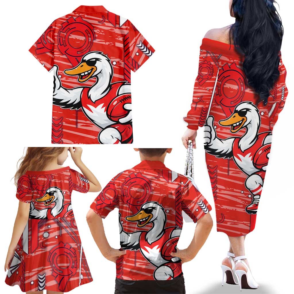 Sydney Swans Family Matching Off The Shoulder Long Sleeve Dress and Hawaiian Shirt Mascot Cartoon Football Illustration Style