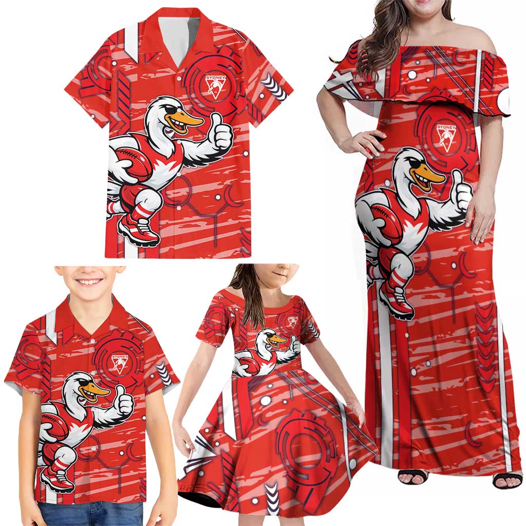 Sydney Swans Family Matching Off Shoulder Maxi Dress and Hawaiian Shirt Mascot Cartoon Football Illustration Style