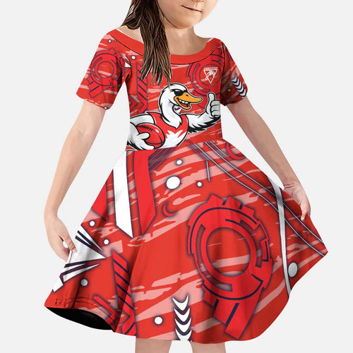 Sydney Swans Family Matching Off Shoulder Short Dress and Hawaiian Shirt Mascot Cartoon Football Illustration Style