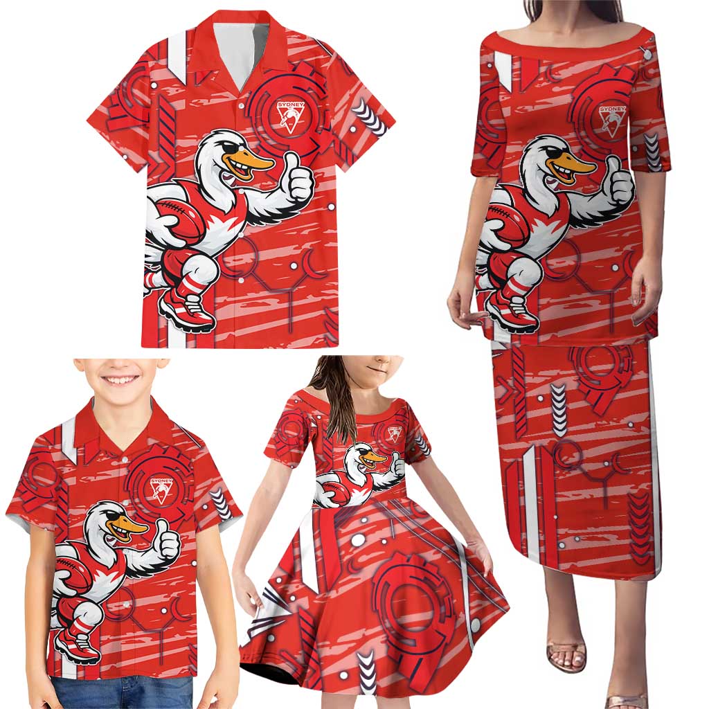 Sydney Swans Family Matching Puletasi and Hawaiian Shirt Mascot Cartoon Football Illustration Style