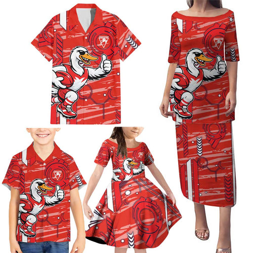 Sydney Swans Family Matching Puletasi and Hawaiian Shirt Mascot Cartoon Football Illustration Style