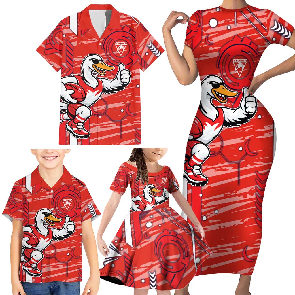 Sydney Swans Family Matching Short Sleeve Bodycon Dress and Hawaiian Shirt Mascot Cartoon Football Illustration Style