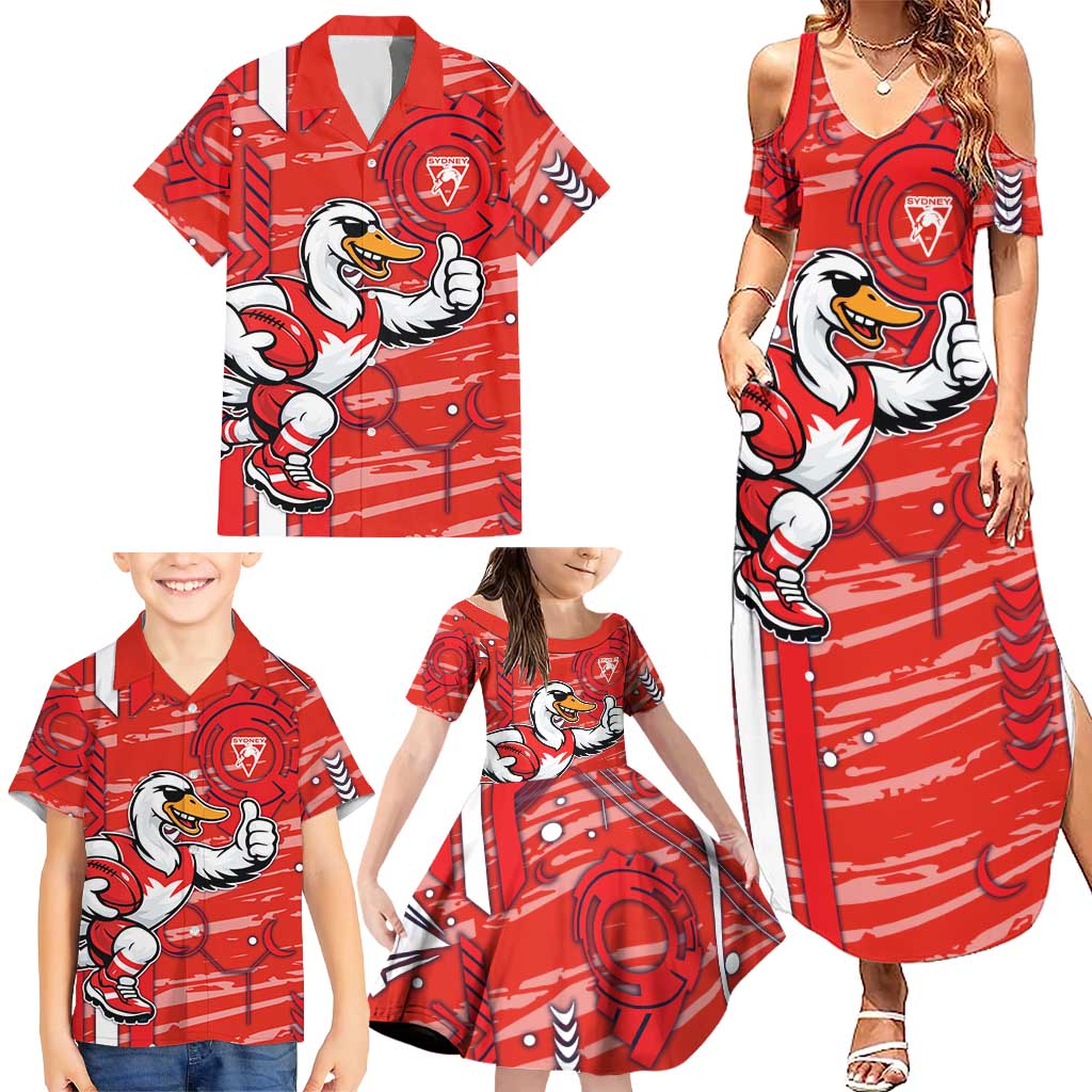 Sydney Swans Family Matching Summer Maxi Dress and Hawaiian Shirt Mascot Cartoon Football Illustration Style