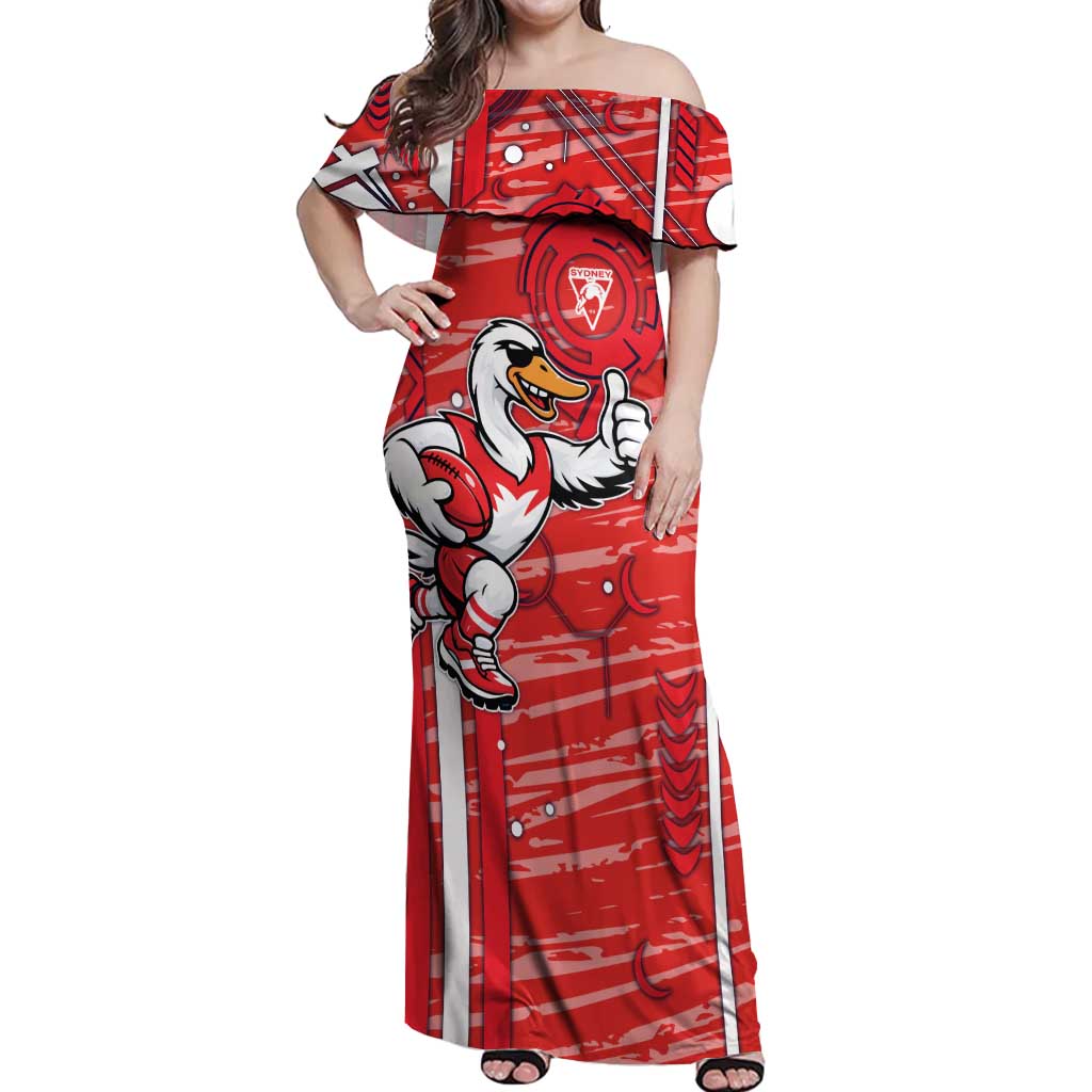 Sydney Swans Off Shoulder Maxi Dress Mascot Cartoon Football Illustration Style