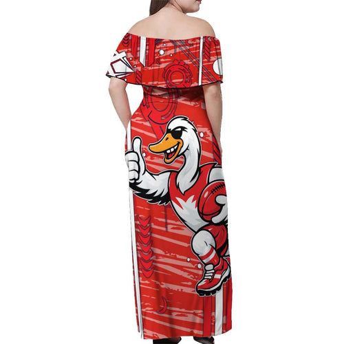Sydney Swans Off Shoulder Maxi Dress Mascot Cartoon Football Illustration Style