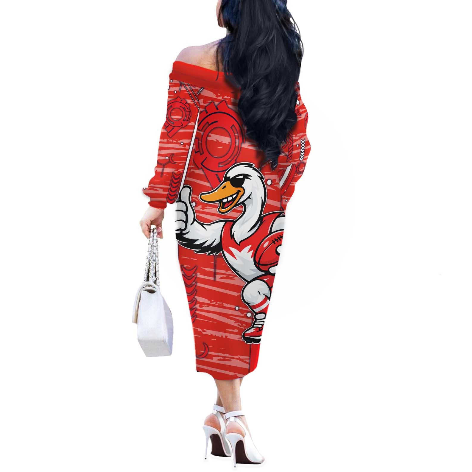 Sydney Swans Off The Shoulder Long Sleeve Dress Mascot Cartoon Football Illustration Style