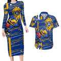 West Coast Eagles Couples Matching Long Sleeve Bodycon Dress and Hawaiian Shirt Mascot Cartoon Football Illustration Style