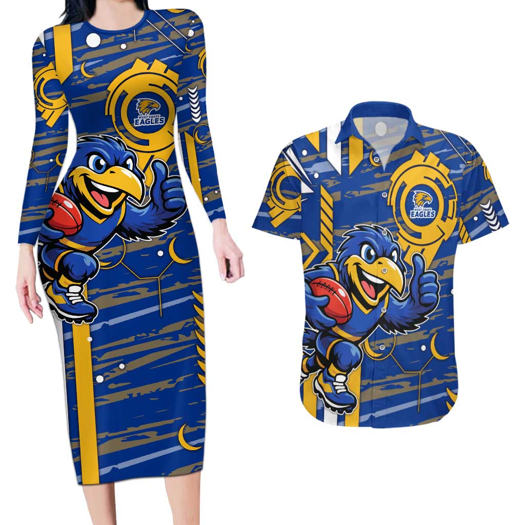 West Coast Eagles Couples Matching Long Sleeve Bodycon Dress and Hawaiian Shirt Mascot Cartoon Football Illustration Style