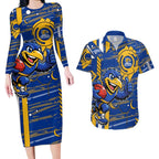 West Coast Eagles Couples Matching Long Sleeve Bodycon Dress and Hawaiian Shirt Mascot Cartoon Football Illustration Style