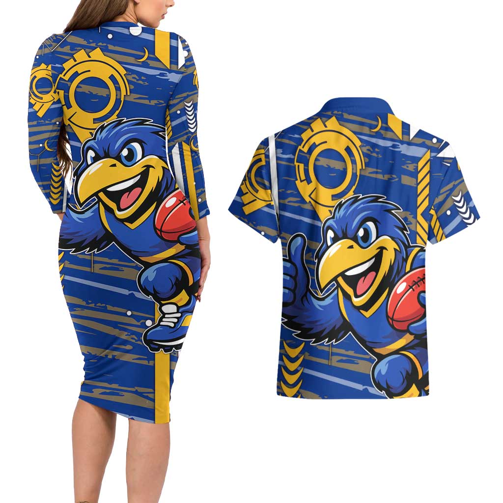 West Coast Eagles Couples Matching Long Sleeve Bodycon Dress and Hawaiian Shirt Mascot Cartoon Football Illustration Style