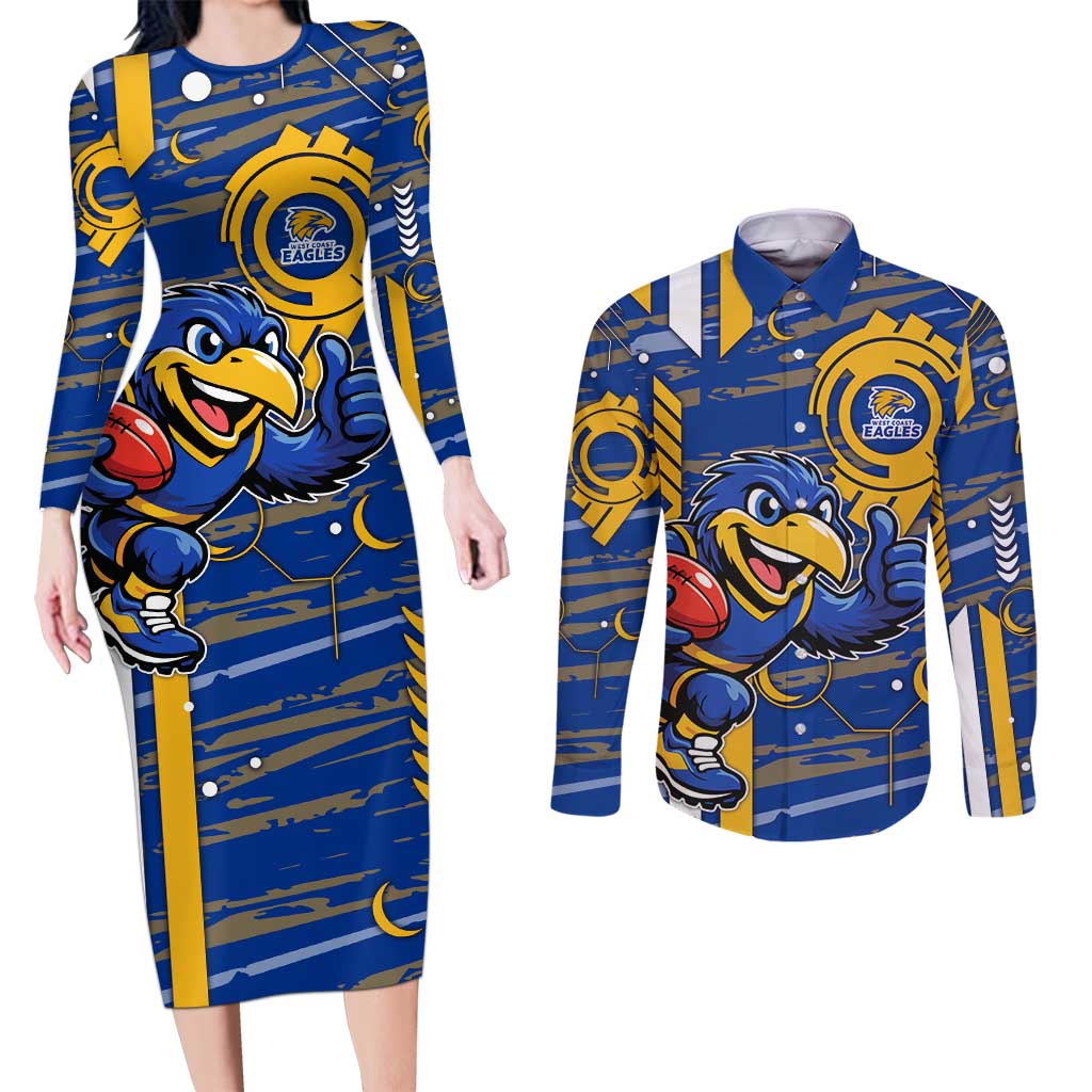 West Coast Eagles Couples Matching Long Sleeve Bodycon Dress and Long Sleeve Button Shirt Mascot Cartoon Football Illustration Style