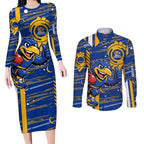 West Coast Eagles Couples Matching Long Sleeve Bodycon Dress and Long Sleeve Button Shirt Mascot Cartoon Football Illustration Style