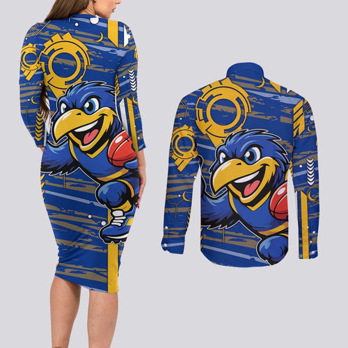 West Coast Eagles Couples Matching Long Sleeve Bodycon Dress and Long Sleeve Button Shirt Mascot Cartoon Football Illustration Style