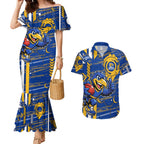 West Coast Eagles Couples Matching Mermaid Dress and Hawaiian Shirt Mascot Cartoon Football Illustration Style