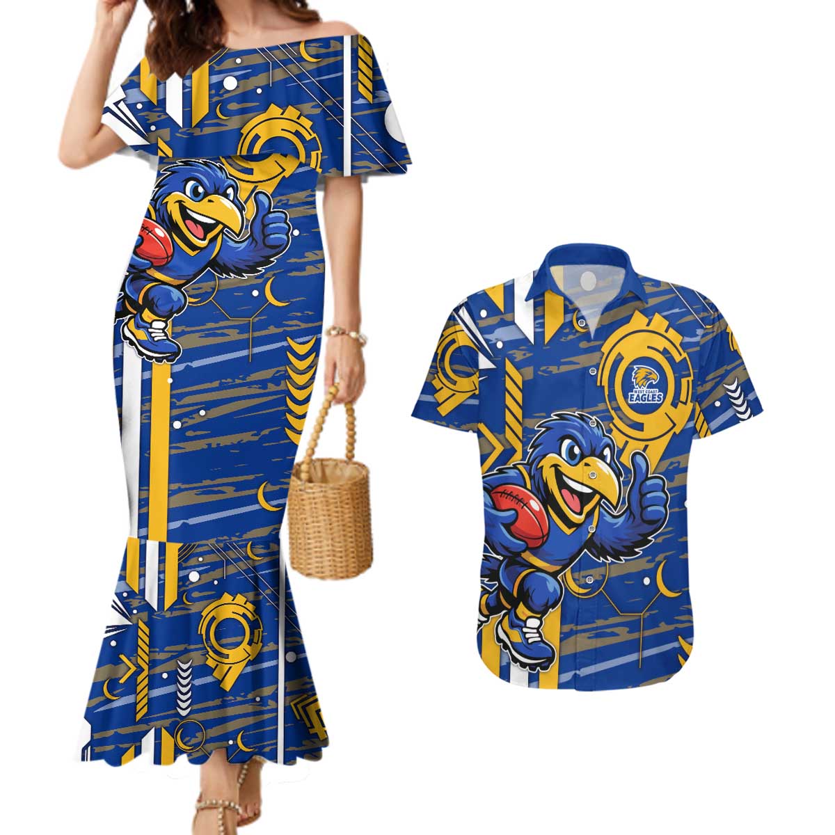 West Coast Eagles Couples Matching Mermaid Dress and Hawaiian Shirt Mascot Cartoon Football Illustration Style