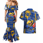 West Coast Eagles Couples Matching Mermaid Dress and Hawaiian Shirt Mascot Cartoon Football Illustration Style