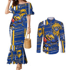 West Coast Eagles Couples Matching Mermaid Dress and Long Sleeve Button Shirt Mascot Cartoon Football Illustration Style