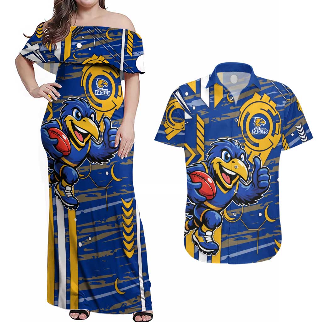 West Coast Eagles Couples Matching Off Shoulder Maxi Dress and Hawaiian Shirt Mascot Cartoon Football Illustration Style