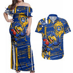 West Coast Eagles Couples Matching Off Shoulder Maxi Dress and Hawaiian Shirt Mascot Cartoon Football Illustration Style