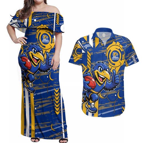 West Coast Eagles Couples Matching Off Shoulder Maxi Dress and Hawaiian Shirt Mascot Cartoon Football Illustration Style