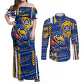 West Coast Eagles Couples Matching Off Shoulder Maxi Dress and Long Sleeve Button Shirt Mascot Cartoon Football Illustration Style