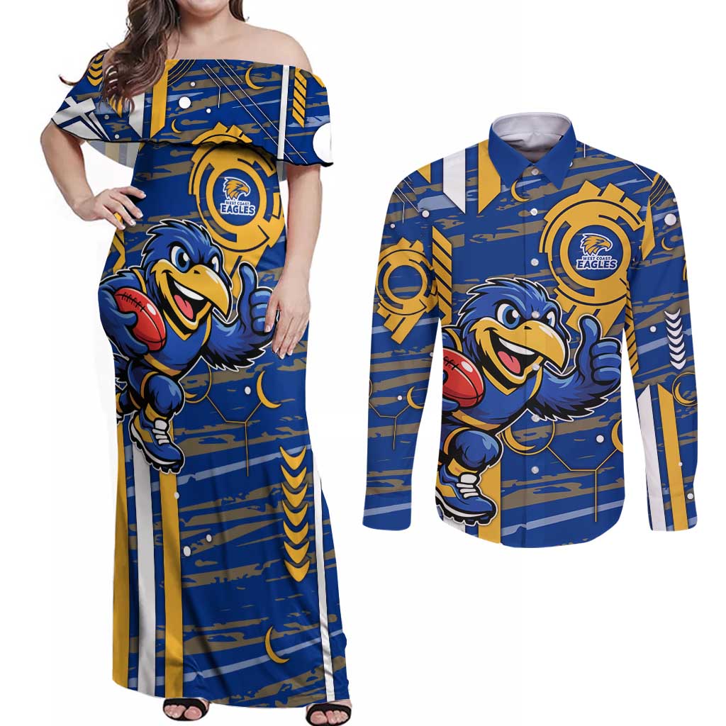 West Coast Eagles Couples Matching Off Shoulder Maxi Dress and Long Sleeve Button Shirt Mascot Cartoon Football Illustration Style