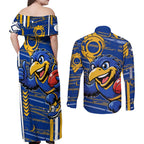 West Coast Eagles Couples Matching Off Shoulder Maxi Dress and Long Sleeve Button Shirt Mascot Cartoon Football Illustration Style
