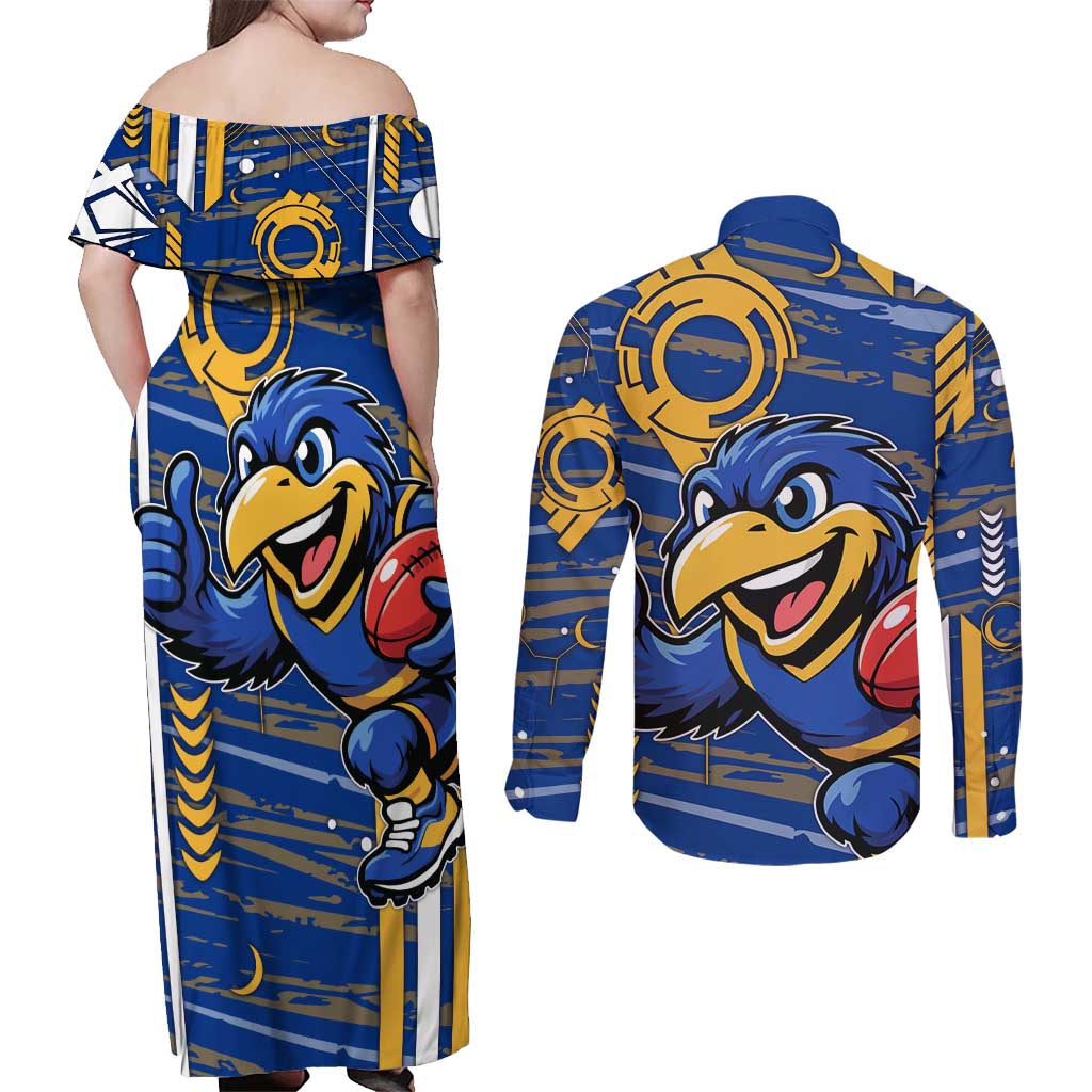 West Coast Eagles Couples Matching Off Shoulder Maxi Dress and Long Sleeve Button Shirt Mascot Cartoon Football Illustration Style