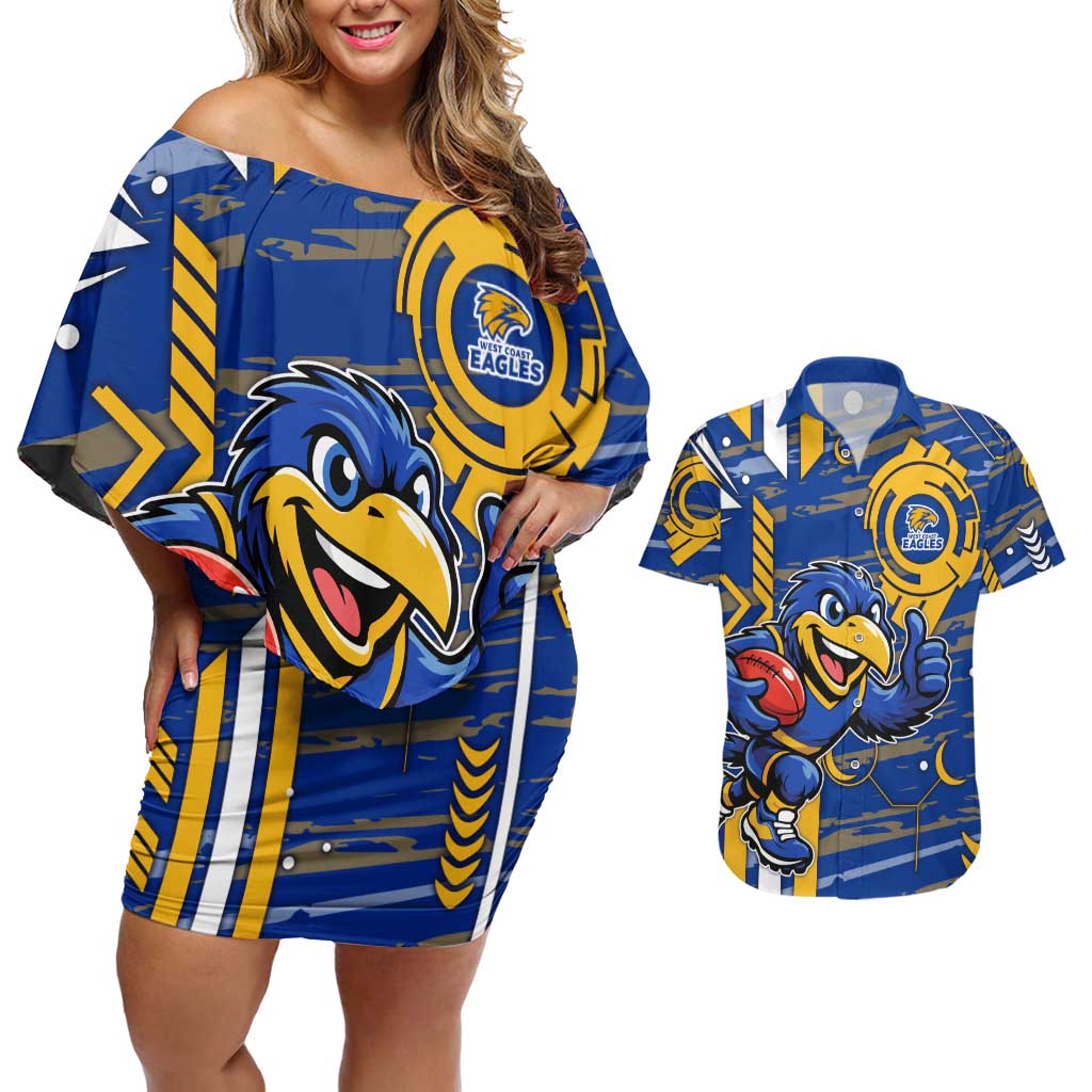 West Coast Eagles Couples Matching Off Shoulder Short Dress and Hawaiian Shirt Mascot Cartoon Football Illustration Style