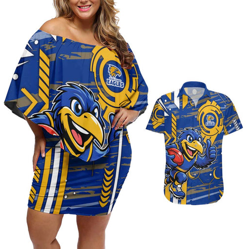 West Coast Eagles Couples Matching Off Shoulder Short Dress and Hawaiian Shirt Mascot Cartoon Football Illustration Style