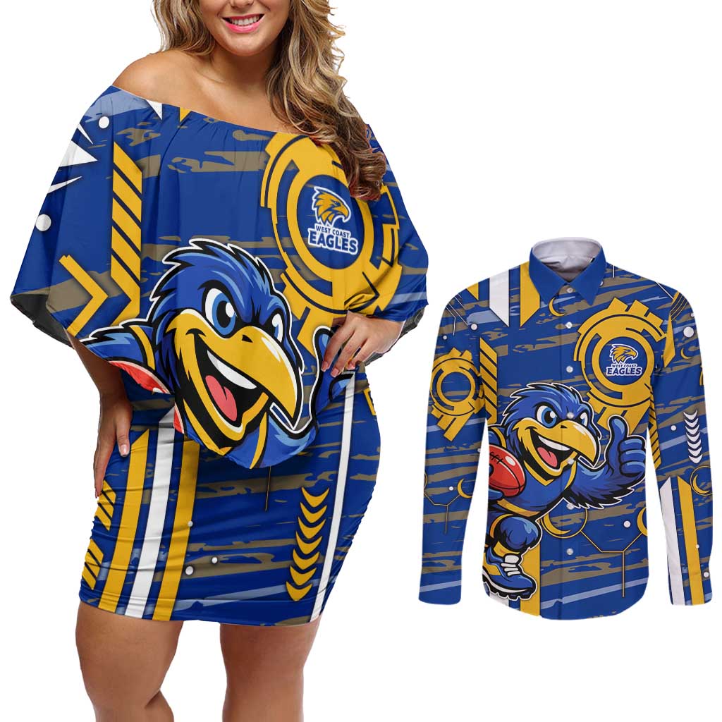 West Coast Eagles Couples Matching Off Shoulder Short Dress and Long Sleeve Button Shirt Mascot Cartoon Football Illustration Style