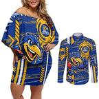 West Coast Eagles Couples Matching Off Shoulder Short Dress and Long Sleeve Button Shirt Mascot Cartoon Football Illustration Style