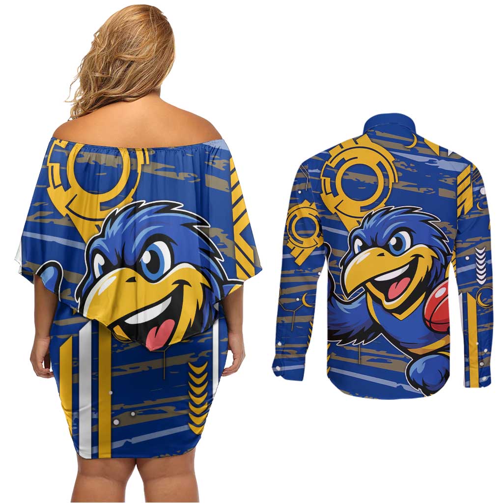 West Coast Eagles Couples Matching Off Shoulder Short Dress and Long Sleeve Button Shirt Mascot Cartoon Football Illustration Style